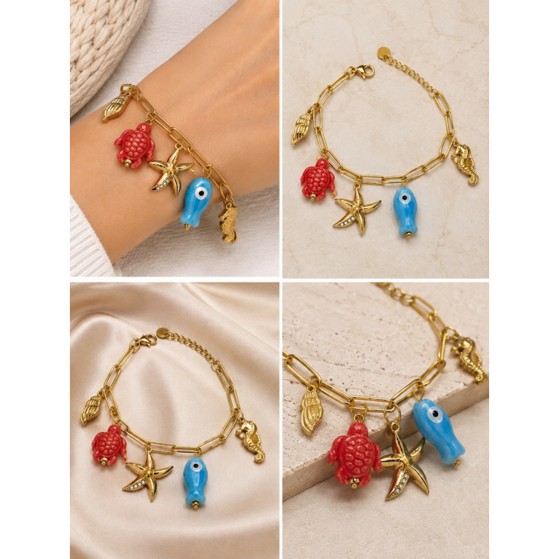 Βραχιόλι Sea Charm με Χρυσή Αλυσίδα & Πολύχρωμα Θαλασσινά Στοιχεία από Ανοξείδωτο Ατσάλι